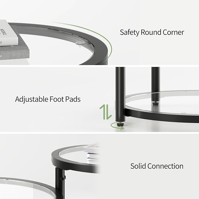 Round Glass Coffee Table - 4 Tier Coffee Tables for Living Room with Rotating Top, Circle Coffee Table with Storage, Modern Clear Center Table with Metal Frame for Small Space, Office, Black