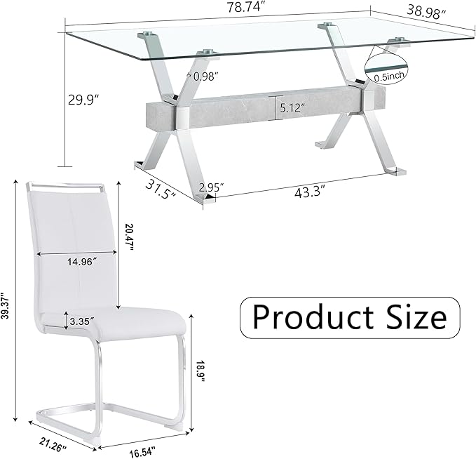 7 Piece Glass Dining Table Set, 79" Modern Dining Table Set for 6, 0.5" Thick Tempered Glass Tabletop with Silver Chrome Metal Legs and Grey Crossbar, 6 PU Chairs for Dining Room, Kitchen