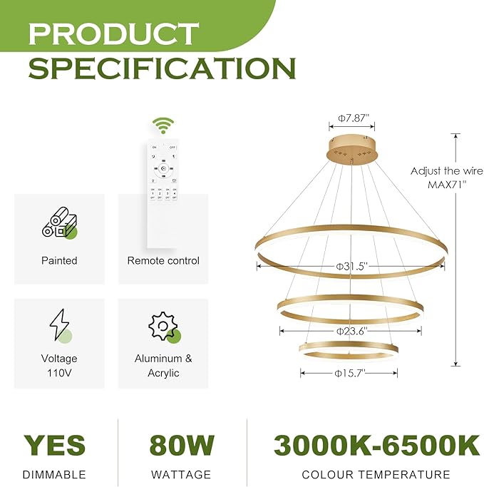 D31.5 Modern LED Chandelier Gold Dimmable 3 Ring Pendant Light for Dining Room, Kitchen Chandelier Circular with Remote Control Flush Mount High Ceiling Light for Living Room, 3000K-6500K