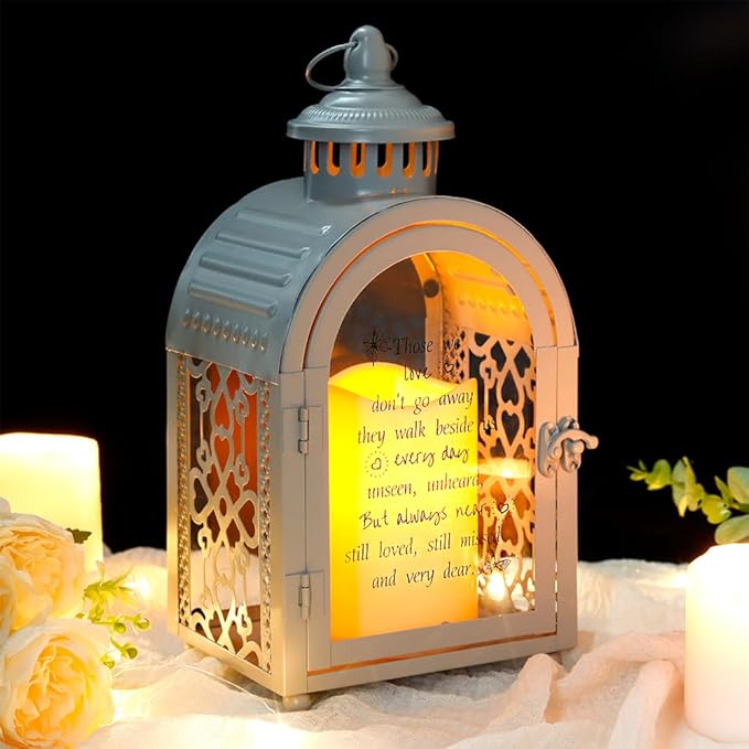 TRIROCKS Memorial Lantern 11'' High Walk Beside Us Remembrance Lantern With Automatic Timer LED Candle And Love Pattern Bereavement Sympathy Gifts For Funeral Memorial Service Loss of Loved One (Grey)