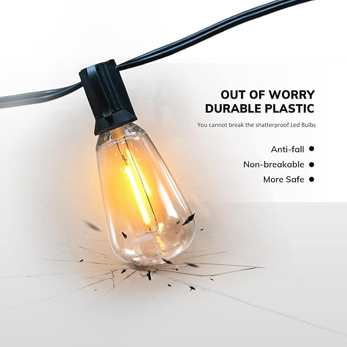 Achin Outdoor String Lights - 50ft LED Dimmable ST38 Warm Edison String Lights, Waterproof, Shatterproof, Connectable, Patio, Pergola, Bistro, Garden, Wedding, 2 Year Warranty