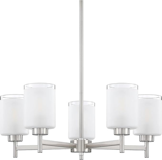 Doraimi Lighting 5 Light Chandelier Brushed Nickel Finish,Classic Style Ceiling Pendant Light Clear Frosted Glass Shade Fixture for Meeting Room Dining Room Over Table Living Room