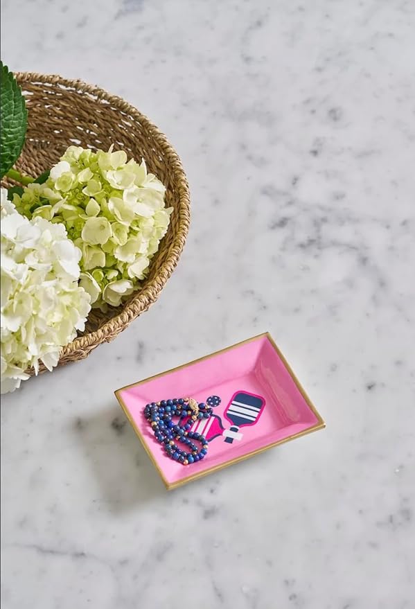 Jayes Studio Pink Pickleball Landry Tray — Handpainted Metal Vanity Tray with Gold Trim Edge, Funny Pickleball Gifts, Small Gold Tray for Bathroom, Dresser, Jewelry Dish, Decorative Trinket Catchall