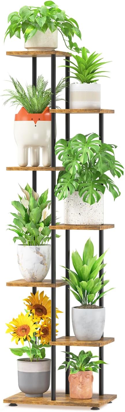 LASZOLA Black 6 Tiered Wood Plant Stand Indoor for Larger Heavy Duty Planter, Sturdy Multi Level Vertical Flowers Racks for Narrow Inside Floor, Decorate Shelving for Hold House Tree, Space Saving