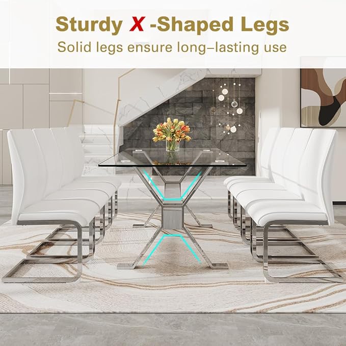 71'' Glass Dining Table Set for 8,9 Piece Dining Table Set with Tempered Glass Tabletop and Open‑Frame X‑Shaped Metal Base,Kitchen Table and Chairs Ideal for Dining Room&Home Office