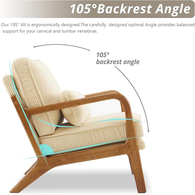 Karl home Mid-Century Modern Accent Chair, Living Room Chairs with Pillow Corduroy Upholstered Lounge Armchair with Solid Wood Frame & Soft Cushion for Bedroom, Reading Room, Beige & Yellow