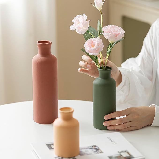 Modern Ceramic Vase Set of 3, Neutral Colors, Decorative Bottles for Home, Farmhouse Rustic Decor (Green Mix)