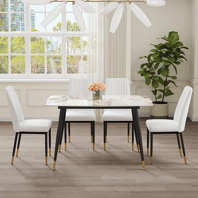 5 Pieces Modern Sintered Stone Dining Table Set 50" Rectangular Faux Marble Tabletop Kitchen Table with 4 PU Leather Chair Dinner Table Set(1Faux Marble Table+4 Cream White Chairs)