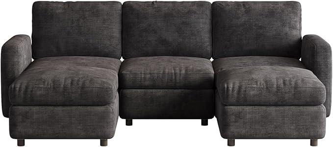 Modular Sectional Sofa with 2 Ottomans, Large Deep Seat L-Shaped Couch for Living Room, Oversized Velvet Loveseat, Modern Family Sofa Set with Storage, Comfy Grey Sofa Bed Sleeper