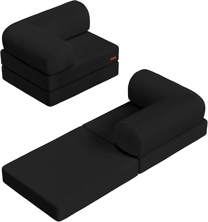 COMAX Folding Sofa Bed, Fold Out Chair Bed, Foldable Sofa, Convertible Sleeper for Adults, Futon Chair Single Small Floor Couch for Spaces, Bedroom Living Room Guest Room, Black