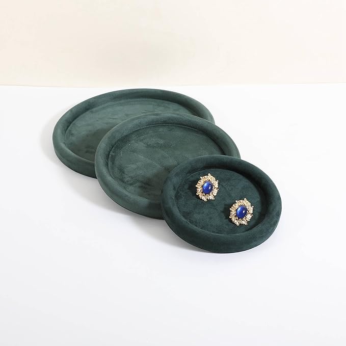 GemeShou Round Jewelry Organizer plate, Top Microfiber velvet Jewerly display tray, Empty Jewelry showcase tray for Necklace Bracelet Ring Earring display stand holder (Green-Small, 5.9 x 5.9 in)