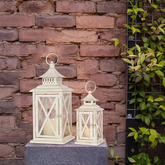 Lanterns Decorative Outdoor&Indoor, Set of 2 (14"&10") Beige Metal Lantern Decor with Glass, Candle Holder for Porch, Patio, Garden, Balcony, Wedding, Table Centerpiece