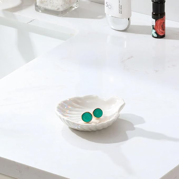 Ring Dish, Shell Ceramic Jewelry Dish Tray, Small Decorative Trinket Dish for Rings Earrings Necklaces Keys, Cute Room Decor Tray, 3.9", White