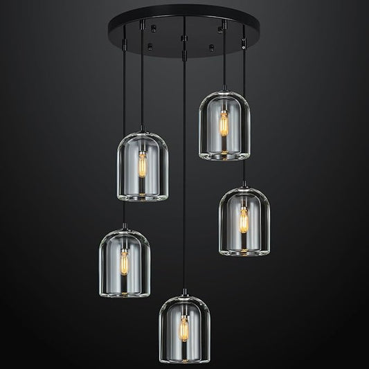Modern Black Pendant Lights Kitchen Island Ceiling Chandelier Indoor Crystal Hanging Light Fixtures for Dining Room Kitchen Living Room Bedroom（5Light）