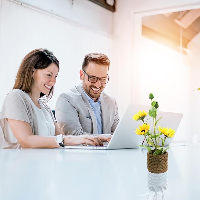 AlphaAcc 13.5 inch Faux Yellow Sunflower Fake Plant Realistic Artificial Potted Greenery in a Rope-Striped Cement Planter Perfect for Indoor Table Centerpieces Porch Décor