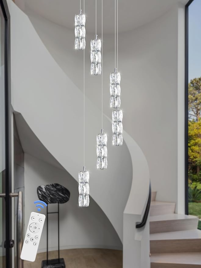 H78 Pendant Lights Kitchen Island 6-Lights Pendant Chandelier for Dining Room Hallway Stairwell,LED Dimmable 2700K-6000K (Silver Chandelier)