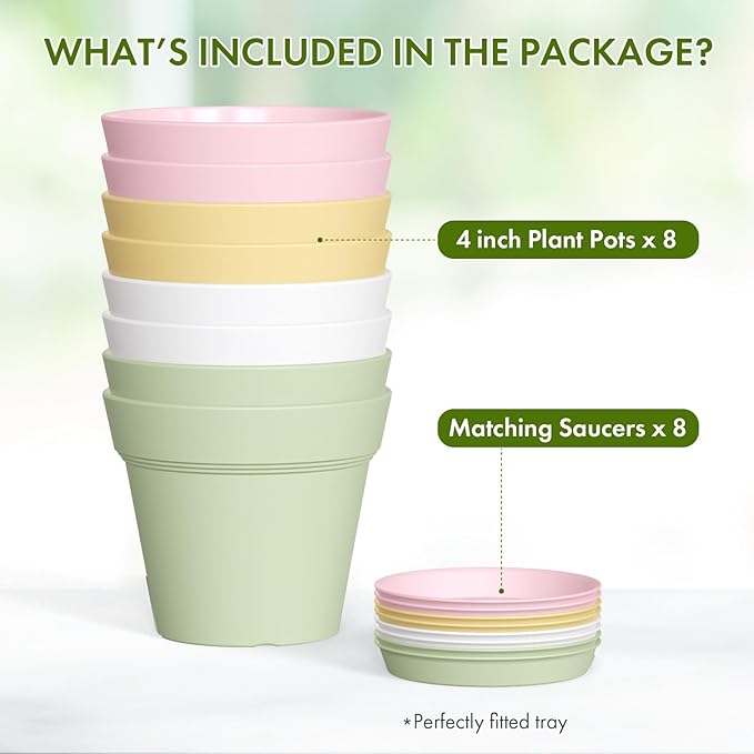4 Inch Plastic Plant Pots with Drainage Holes and Trays – 8 Pack Small Nursery Pots for Indoor & Outdoor House Plants and Flowers, Seedling Starter Planters, Colorful
