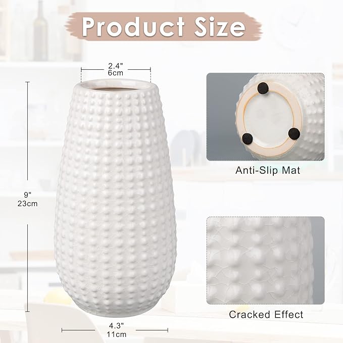 White Ceramic Vases for Flowers, Boho Flower Vase for Home Decor, Beige Off-White Farmhouse Distressed Decorative Vases for Pampas Grass, Mantel, Shelf, Living Room, Table Decoration