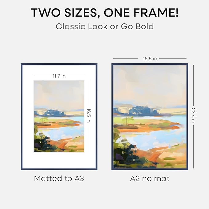 Homeforia A2 Poster Frame Navy Blue, High End Metal A2 Picture Frame Navy Blue with Mat A3 for Print, 16.5x23.4 Frame Matted to 11.7x16.5 Photo, 16.5 by 23.5 Frames, Tempered Glass, Wall Kit, Set of 1