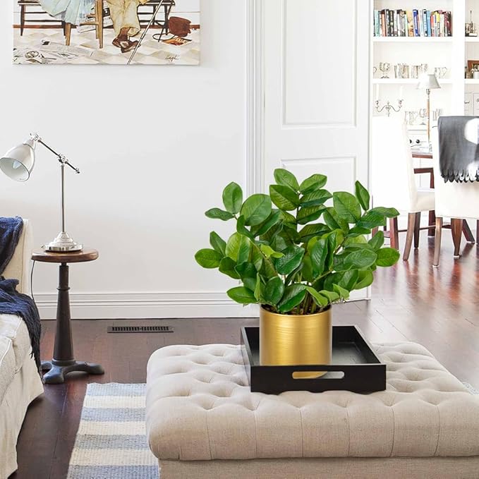 Briful Faux Plants Indoor Artificial ZZ Plant with Gold Pot 15.7in Medium Size Silk Plants Fake Tropical Plants for Home Office Room Kitchen Table Shelf Decoration
