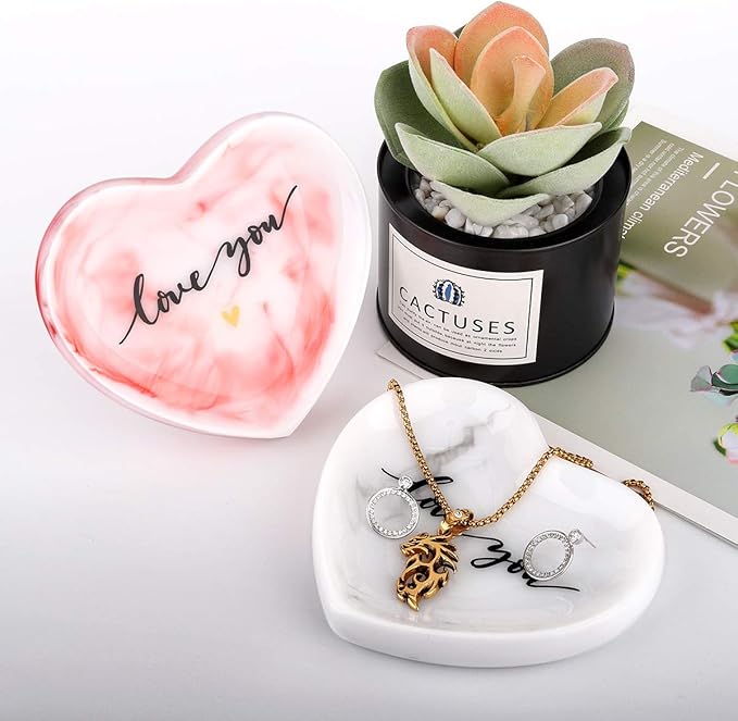 Jewelry Tray Dish, Heart Shaped Ring Dish Decorative Trinket Plate with Words - Love You Romantic Gifts for Her Mom Daughter Sister Best Friend, White Marble