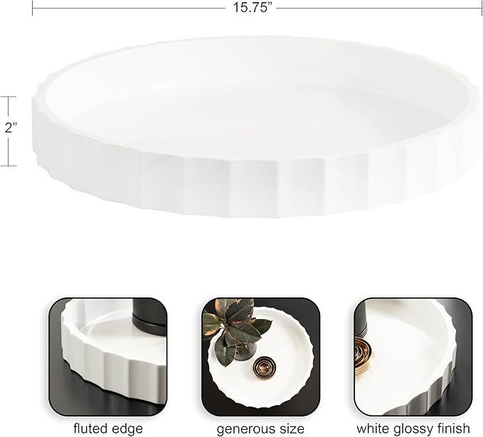 Kate and Laurel Lissi Decorative Round Tray with Wavy Design; 16 Inch Diameter; White; Modern Scalloped Circle Serving Tray for Coffee Table Ottoman; Dining Table; or Entryway Catch-All Tray