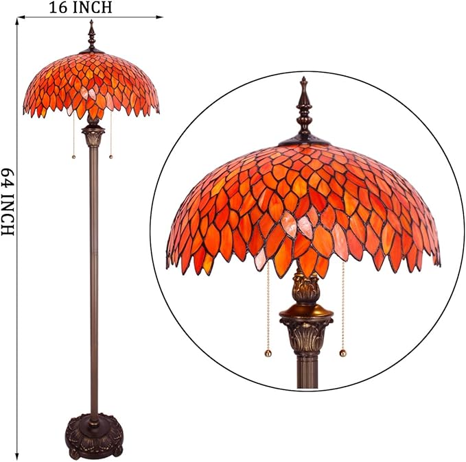 WERFACTORY Tiffany Floor Lamp Red Orange Wisteria Stained Glass Standing Reading Light 16X16X64 Inches Antique Style Pole Corner Lamp Decor Bedroom Living Room Home Office S523R Series
