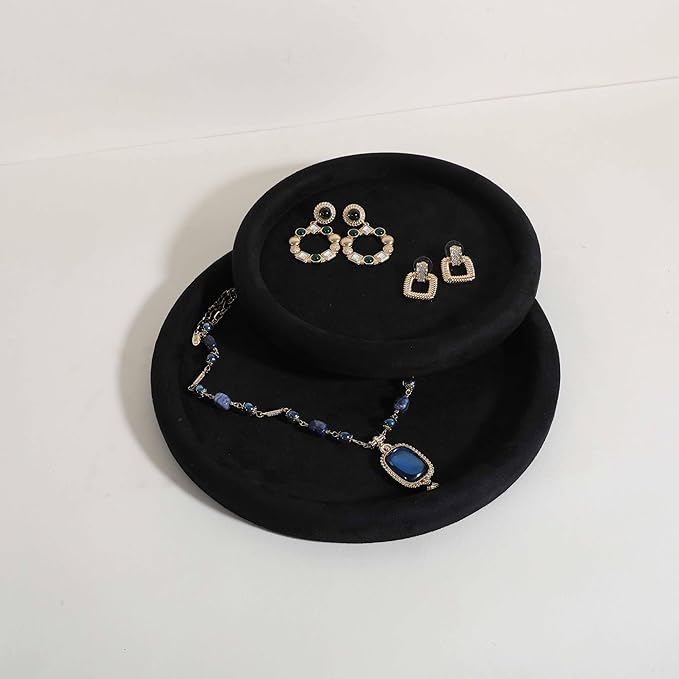 GemeShou Round Jewelry Organizer plate, Top Microfiber velvet Jewerly display tray, Empty Jewelry showcase tray for Necklace Bracelet Ring Earring display stand holder (Black-Large, 9.8 x 9.8 in)