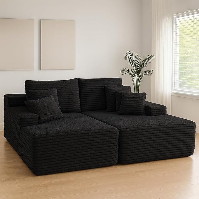Chaise Lounge Chair, Couches for Living Room, Oversized Upholstered Loveseat Sleeper Indoor, Cloud Sofa Bed Indoor Deep Seat, No Assembly Required Corduroy 2PCS Black