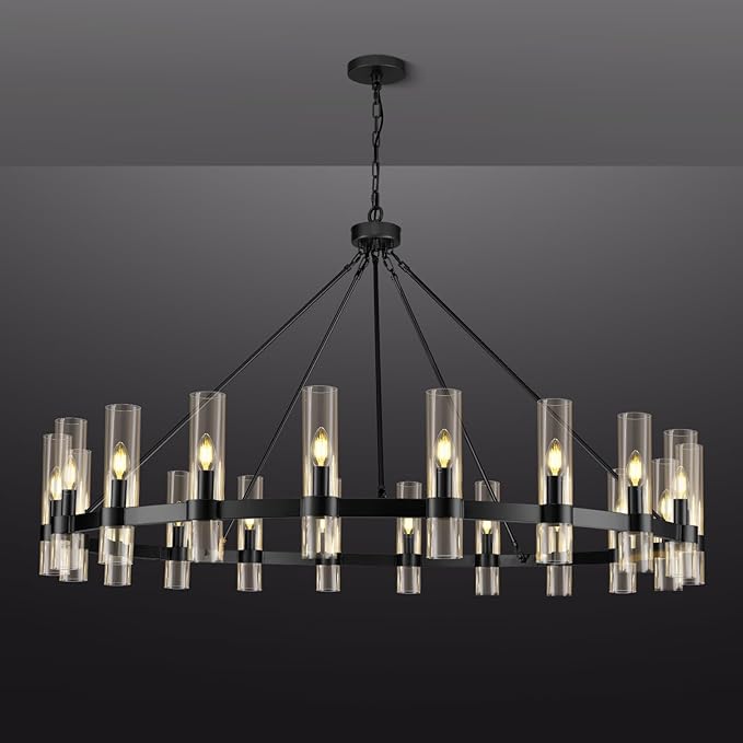 Black Wagon Wheel Chandelier, 60 Inch Glass Chandeliers, 20 Light Chandelier for High Ceiling, Modern Farmhouse Chandeliers for Living Room, Dining Room, Entryway, Stairwell(Bulbs Included)
