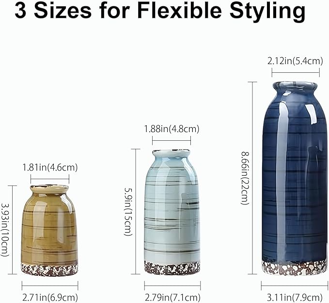 Ceramic Vase Set of 3, Farmhouse Rustic Decorative Vase for Home Decor, Modern Glazed Vase, Table Centerpiece for Living Room, Shelf, Bedroom, Kitchen (Colorful Cracks)