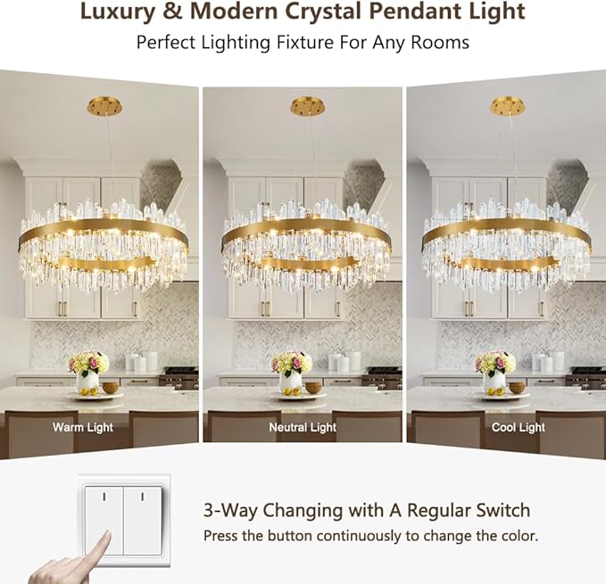 Gold Modern Crystal Chandelier, Round K9 Crystal Chandelier for Dining Room, Adjustable Height Pendant Light Fixture for Living Room Bedroom Kitchen Island D30