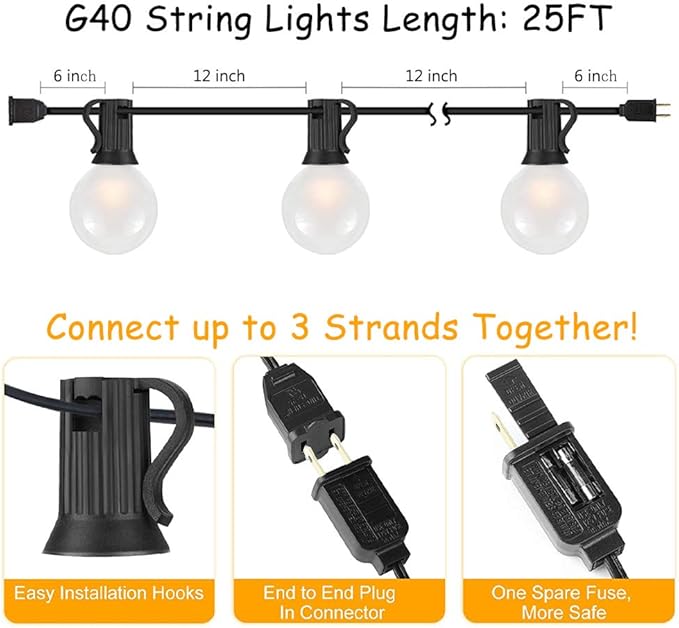 SUNSGNE 25Ft Outdoor Patio String Lights G40 with 27 Frosted White Globe Bulbs, Waterproof Connectable Hanging String Lights for Backyard Porch Balcony Party Christmas Decor, 5 Watt, Black Wire