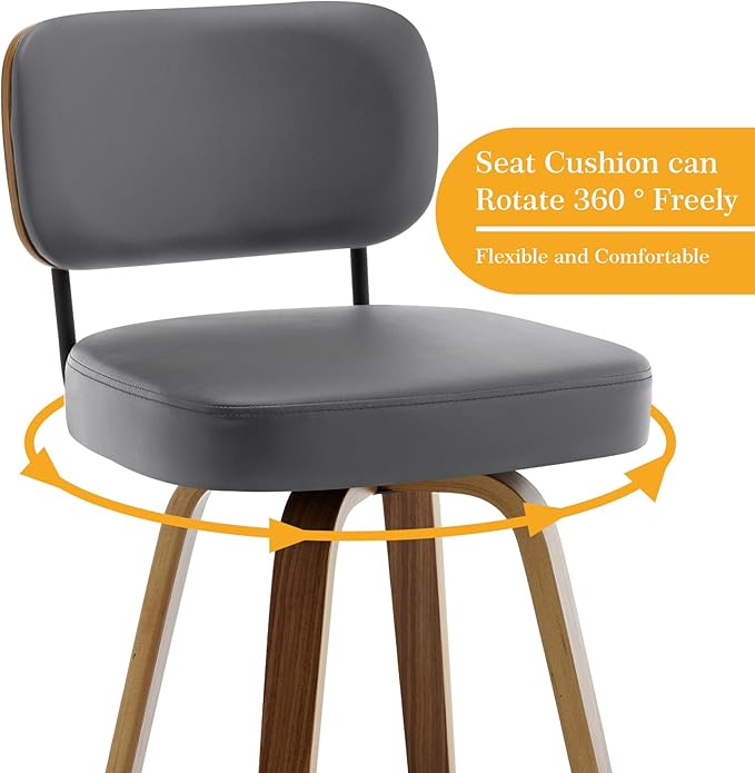 Swivel Counter Height Bar Stools Set of 4, 26" Upholstered Faux Leather Barstools with Back and Bent Wood Legs, Mid Century Modern Bar Chair Island Stool for Kitchen Counter, Grey