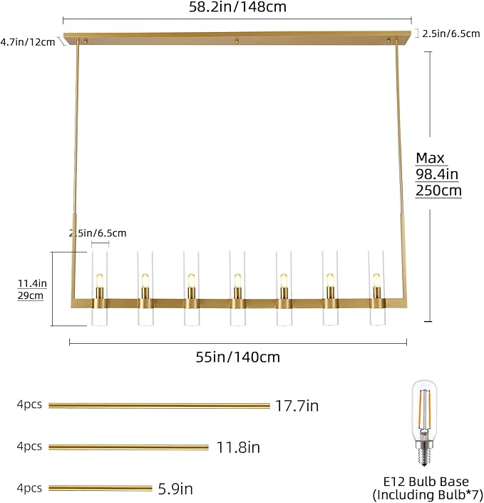 Modern Gold Linear Chandelier 59 in,Chandeliers for Dining Room 7 Light, Kitchen Island Lighting Fixture, Adjustable Chandelier over Dining Table, Gold Glass Chandelier Light Fixture, Includes Bulbs