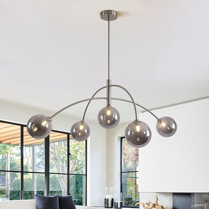 Modern Silver Chandelier 5 Light Smoke Gray Semi Flush Mount Chandelier Vintage Industrial Ceiling Light for Dining Room Kitchen Bedroom Hallway