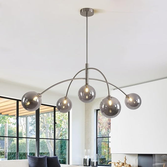 Modern Silver Chandelier 5 Light Smoke Gray Semi Flush Mount Chandelier Vintage Industrial Ceiling Light for Dining Room Kitchen Bedroom Hallway