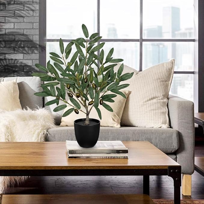 Briful Small Olive Trees Artificial Decor 19.6in Fake Olive Plant with Black Pot Decorative Olive Tree for Home Office Countertop Kitchen Table Farmhouse Decor