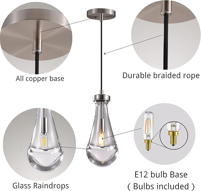 Raindrop Pendant Lights Set of Three, Nickel Pendant Lights Kitchen Island, Indoor Pendant Lighting, Pendant Light Fixtures, Island Light for Kitchen Bedroom Bathroom