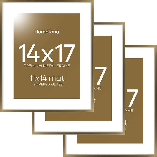 Homeforia 14x17 Picture Frame Bronze, High End Metal 14x17 Brass Poster Frames with Mat 11x14 for Photo, 14 x 17 Frame Matted to 11 by 14 Print, 17x14 Hanging Frame, Tempered Glass, Wall Kit, Set of 3