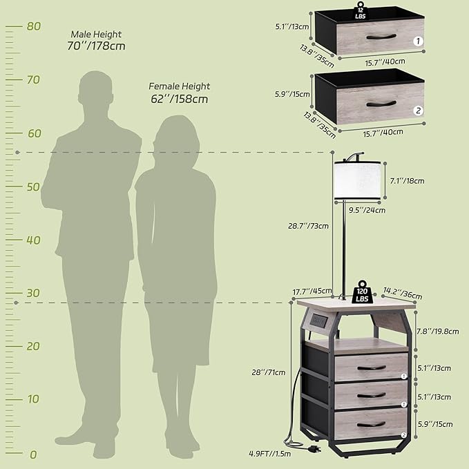 Floor Lamp with Table Set of 2, End Tables with Lamps Attached 3-Color Temperature Bulb, Side Table with Lamp with 3 Drawers & Charging, Lamps Tables Combo for Bedroom, Dorm Apartment - Greige