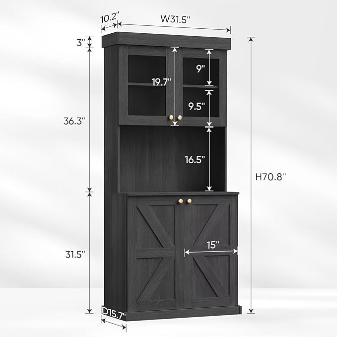 71" Farmhouse Kitchen Pantry Cabinet Set of 3, Black Freestanding Coffee Bar with Glass Doors, Microwave Stand, Large Storage Hutch with Adjustable Shelves for Kitchen or Living Room