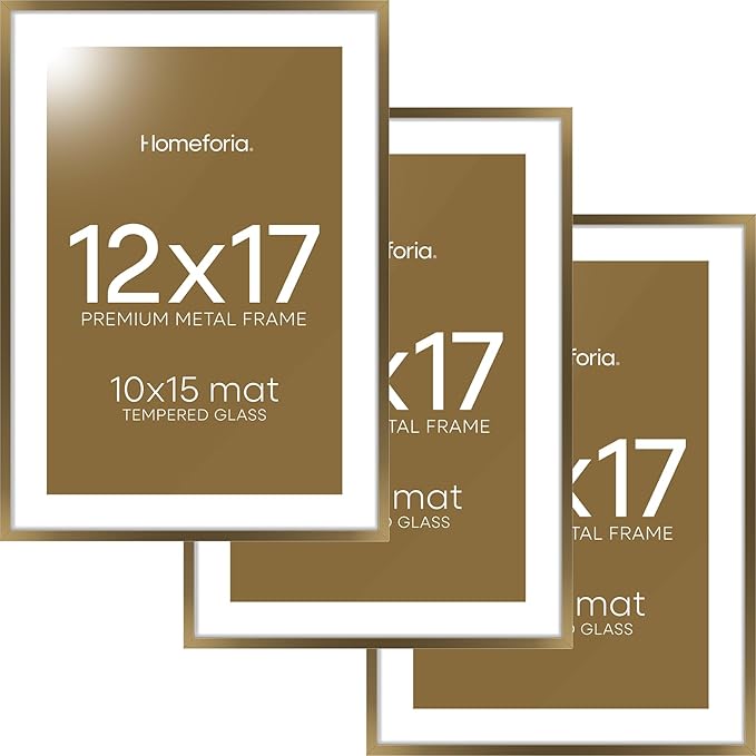 Homeforia 12x17 Picture Frame Bronze, High End Metal 12x17 Brass Poster Frames with Mat 10x15 Photo, 12 x 17 Frame Matted to 10 by 15 inch Print, 17by12 Thin Frames, Tempered Glass, Wall Kit, Set of 3