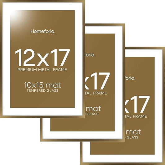 Homeforia 12x17 Picture Frame Bronze, High End Metal 12x17 Brass Poster Frames with Mat 10x15 Photo, 12 x 17 Frame Matted to 10 by 15 inch Print, 17by12 Thin Frames, Tempered Glass, Wall Kit, Set of 3