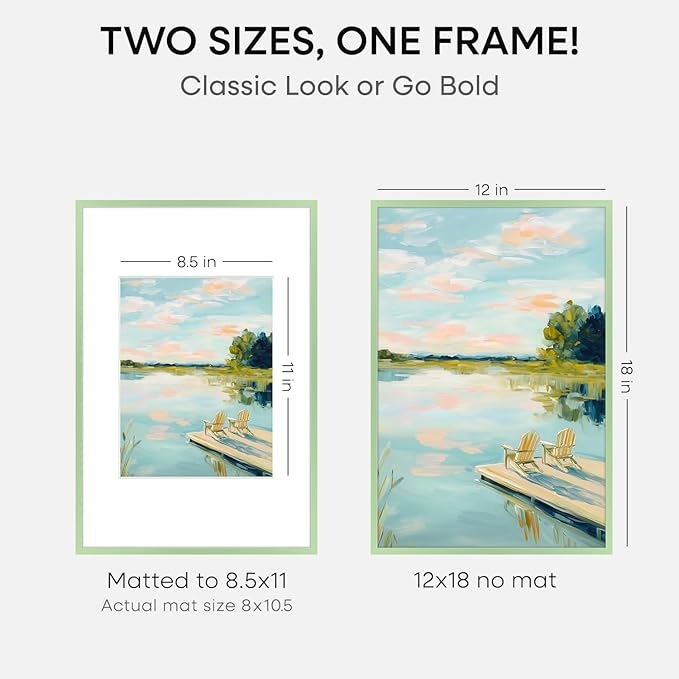 Homeforia 12x18 Picture Frame Sage Green, High End Metal 12x18 Poster Frames with Mat 8.5x11 in Photo, 12 x 18 Sage Green Frame Matted to 8.5 by 11 Art, 18x12 Frame, Tempered Glass, Wall Kit, Set of 1
