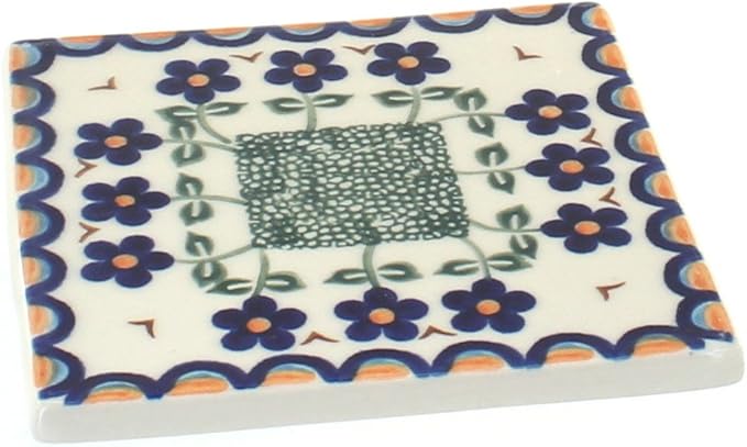 Blue Rose Polish Pottery - Brown Aztec Flower Tile - 4.5" Square - Ceramic Decorative Tile for Kitchen Backsplash, Trivet or Wall Art