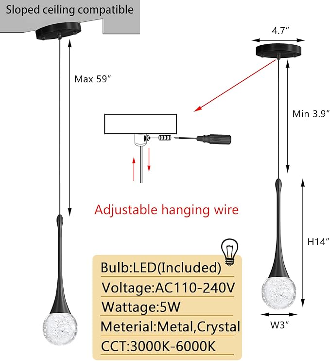 Modern Pendant Lights for Kitchen Island LED Dimmable Crystal Glam Ceiling Pendant Lighting for Dining Room Hallway Bedroom Corner Lamp Black