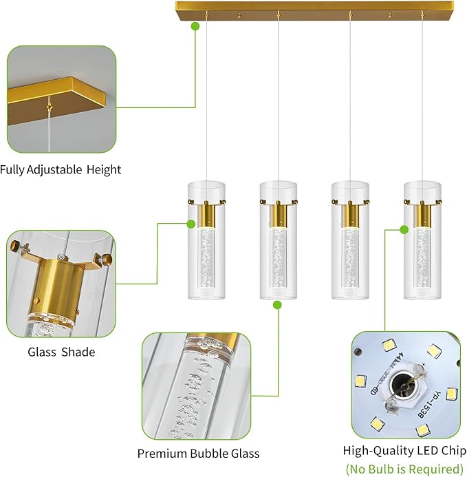 Pendant Ceiling Light Fixture for Kitchen Island, Gold Pendant Light Integrated LED Hanging Light with Crystal Bubble Glass Pendant Light Modern Pendant Lights Kitchen Island (4-Light)