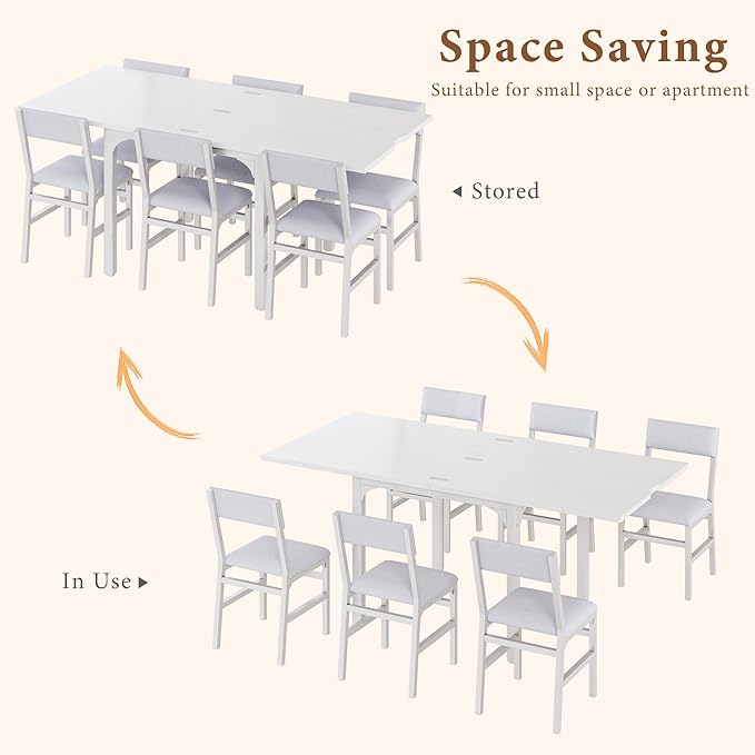 7-Piece Dining Table Set for 4-6, Extendable Kitchen Table Cushion Chairs Set of 6 with 6 Chairs, Rectangle Dining Table with Metal Frame & MDF Board, Folding for Small Apartment Saving Space, White