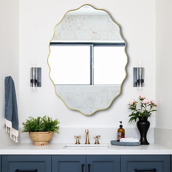 Scalloped Mirror, 35.5"x26" Bathroom Vanity Mirror, Irregular Shaped Mirrors Decorative, Modern Wavy Round Mirrors for Living Room Bedroom Hallway Entryway Fireplace